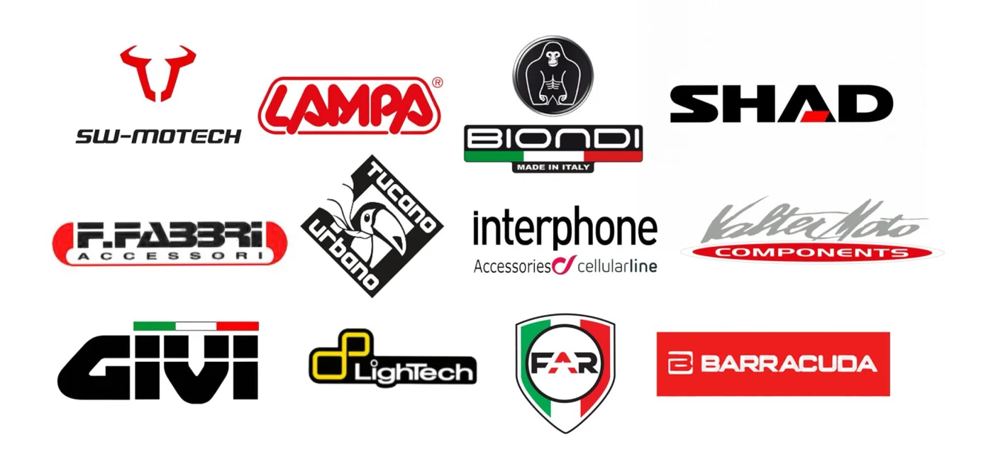 Loghi dei marchi di accessori moto: SW-Motech, Lampa, Biondi, Shad, F.Fabbri, Tucano Urbano, Interphone, Valter Moto, Givi, Lightech, FAR, Barracuda