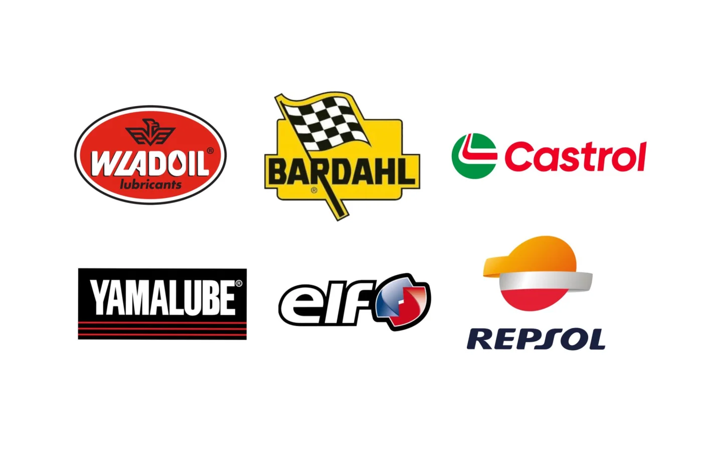 Loghi dei marchi di lubrificanti: Wladoil, Bardahl, Castrol, Yamalube, Elf, Repsol