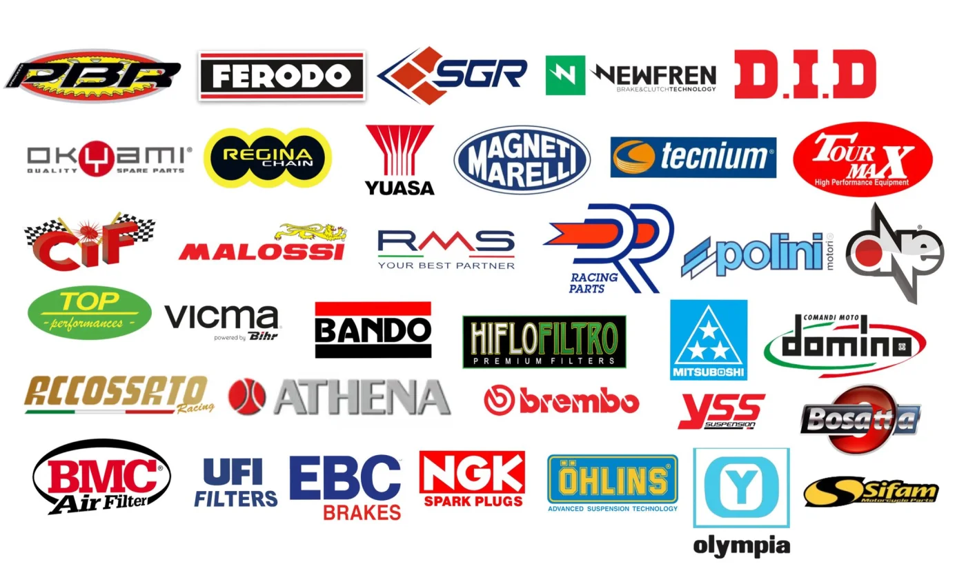Loghi dei marchi di ricambi aftermarket: PBR, Ferodo, SGR, Newfren, DID, Regina, Yuasa, Magneti Marelli, Malossi, Polini, Athena, Brembo, NGK, EBC, Öhlins e altri